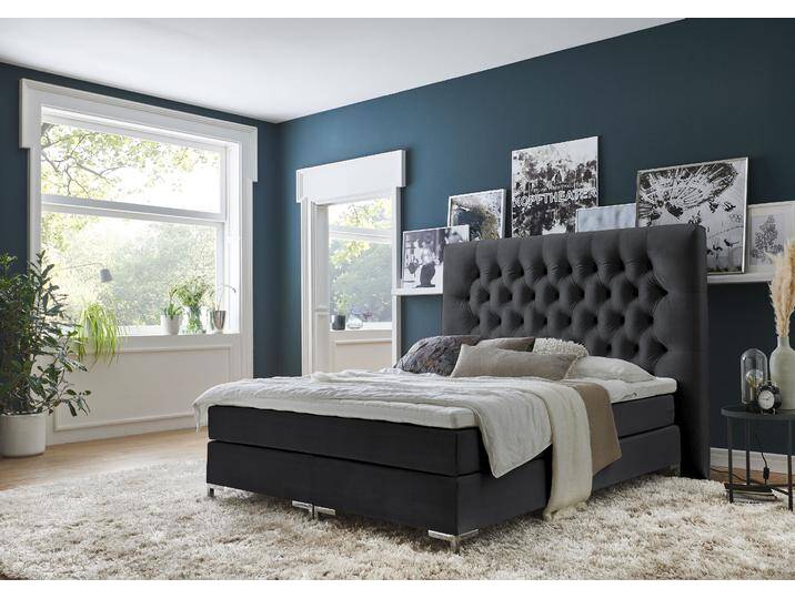 Boxspringbett Ronja , schwarz, B:208cm L:216cm, Bezug Bett: Samtvelours (100% Polyester);Bonnell-Federkernmatratze: Jersey (100% Polyester);Topper: Jersey (100% Polyester), ATLANTIC HOME COLLECTION, Komplettbetten, Boxspringbett, mit Topper und extra hohem Kopfteil von ATLANTIC-home-collection