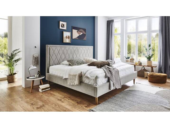 Polsterbett Paulin , beige (creme), B:171cm H:123cm L:212cm, Bettgestell und seitliche Einfassung der Matratzen: Strukturstoff, 100% Polyester, ATLANTIC HOME COLLECTION, Betten, mit gestepptem Kopfteil von ATLANTIC-home-collection