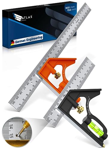 Atlas Armand® Kombinationswinkel Set 150mm & 300mm + Einzigartige Lochreihe für Streichmaß - Präziser Universal Anschlagwinkel aus Metall - Kombiwinkel mit Linealanschlag und Anreisswerkzeug von ATLAS ARMAND
