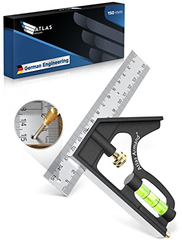 Atlas Armand® Kombinationswinkel 150mm + Einzigartige Lochreihe für Streichmaß - Präziser Universal Anschlagwinkel aus Metall - Kombiwinkel mit Linealanschlag und Anreisswerkzeug - Profi Messwerkzeug von ATLAS ARMAND