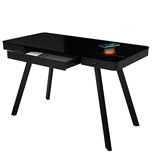 ATLASIO Designer-Schreibtisch mit Bluetooth-Lautsprechern & Wireless Charger, Schreibtisch 120x60 cm mit smartem Touchpad, USB- & AUX-Anschluss, für Home-Office & Büro, schwarz von ATLASIO