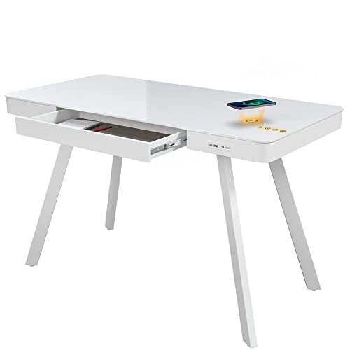 ATLASIO Designer-Schreibtisch mit Bluetooth-Lautsprechern & Wireless Charger, Schreibtisch 120x60 cm mit smartem Touchpad, USB- & AUX-Anschluss, für Home-Office & Büro, weiß von ATLASIO