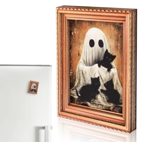 Kühlschrankmagnet, Motiv: Halloween-Geist, Ölgemälde, aus Holz, Retro-Bilderrahmen, magnetischer Kühlschrankmagnet, niedlicher Geist mit schwarzer Katze, Bilderhalter für Kühlschrankdekoration Kühlschrankmagnet, Motiv: Halloween-Geist, Ölgemälde, aus Holz, Retro-Bilderrahmen, magnetischer Kühlschrankmagnet, niedlicher Geist mit schwarzer Katze, Bilderhalter für Kühlschrankdekoration von ATLKDLK