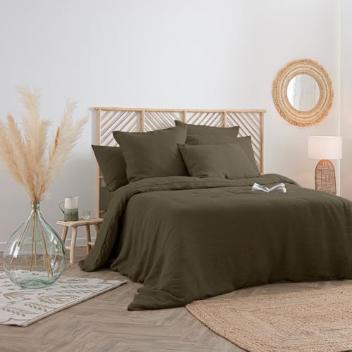 Atmosphera - Bettbezug Linah - khakigrün - gewaschenes Leinen 240x220cm - Khaki von ATMOSPHERA CREATEUR D'INTERIEUR