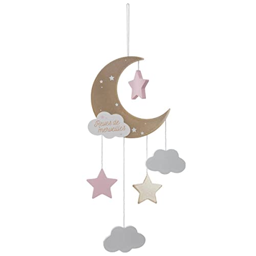 Atmosphera - Kinder-Hängeleuchte Mond - Holz und Baumwolle - rosa - H46-5 cm - Rosa von ATMOSPHERA CREATEUR D'INTERIEUR