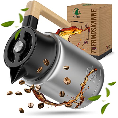 ATNITY Thermoskanne (1,4L) - Isolierkanne mit Siebeinsatz und edlem Holzgriff - Ideal als Kaffeekanne oder Teekanne aus doppelwandigem 304 Edelstahl von ATNITY