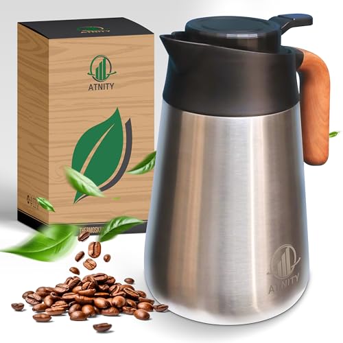 ATNITY Thermoskanne (1,5L) - Isolierkanne mit Holzoptik Griff - Hochwertige Kaffeekanne oder Tee-Kanne aus doppelwandigem 316 Edelstahl mit tropffreiem Ausguss von ATNITY
