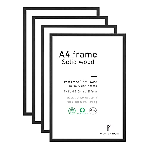 A4 Holz Fotorahmen,4 Pack-21x30cm Schwarz Holz Bilderrahmen,Zertifikat Rahmen für Wandmontage oder Tischplatte Display,Set von 4 von ATOBART