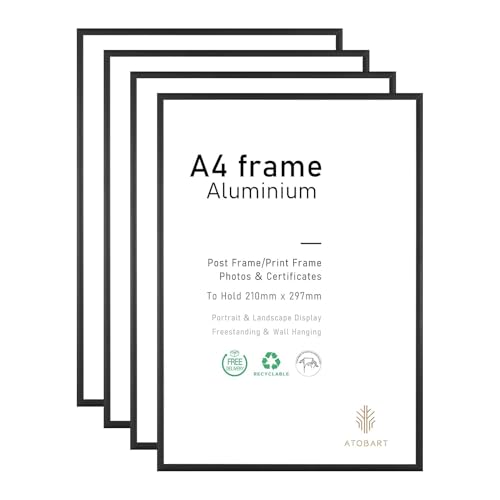 ATOBART A4-Fotorahmen, 4er-Pack-21x30cm schwarzer Bilderrahmen, Zertifikatsrahmen für Wandmontage oder Tischaufsteller, 4er-Set von ATOBART