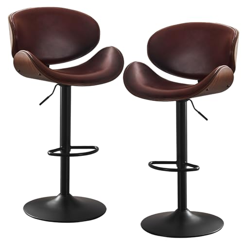 Verstellbare Barhocker Drehbar 2er Set, Moderne Bugholz Barhocker mit Metallfuß und Fußstütze, Bequeme PU Leder Barhocker mit Rückenstütze, für Kücheninsel, Bar, Esszimmer, Braun von ATOMHOME