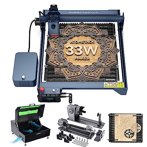 ATOMSTACK A30 Pro Laser Graviermaschine, 400W Effekt Engraver, mit B1 Gehäuse, R1 Pro Klauenscheibenwalze, F3 Matrix-Arbeitstisch, F30 Pro Air Assist, 33W Laser Ausgabe Lasergravur Laserschneider Holz von ATOMSTACK MAKER