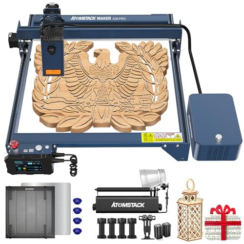 ATOMSTACK A30 Pro Lasergravur Schneidemaschine, Laserschneider Holz 33 W Laserleistung, mit F60 Luftunterstützungssatz, R3 Pro Y-Achsen Rotationswalze, F2 Wabenarbeitsplattform mit Vorrichtungen von ATOMSTACK