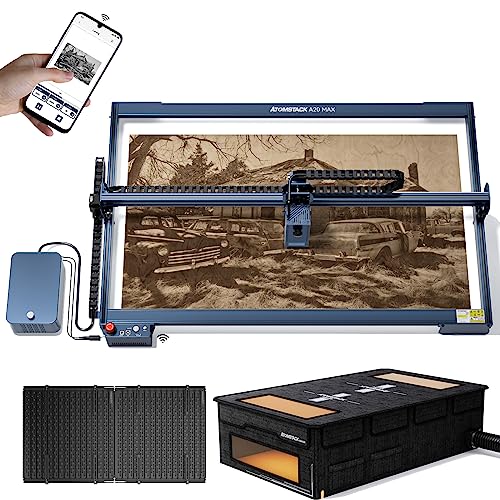 Atomstack A20 Max 20w Großer Laser Graviermaschine Augenschutz AutofokusTankkettensteuerung mit F30 Air Assist Größerer Arbeitsbereich 850 * 400mm Mit F3 Matrix Workbench FB2 Tragbare Schutzbox von ATOMSTACK