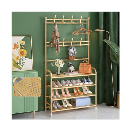 Schuhregal 5-lagige Eingangsmantel- und Schuhregal, moderner Kleiderbügel, leichte Metallschuhständer mit Doppelhaken für Büro im Schlafzimmer Schuhregal(Gold,4-Layers 80cm) von ATREDESES