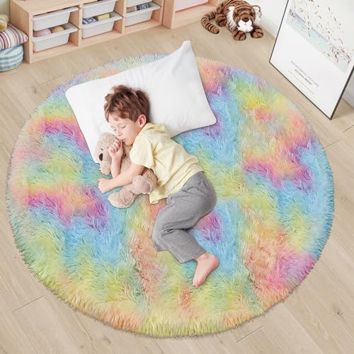 ATRUG Flauschiger Regenbogen-Teppich für Mädchenzimmer, weicher, zotteliger runder Teppich für Kinderzimmer, rutschfester Plüsch-Teppich für Jugendzimmer, niedlicher Teppich für Schlafsaal, von ATRUG
