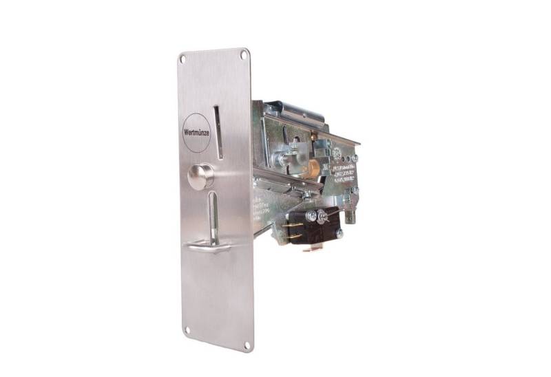 ATTAS Schalter Mechanischer Münzprüfer W6000 (für verschiedene Münztypen (je nach Auswahl), Einbaumaße 79 x 116mm), Frontplatte aus Edelstahl 150 x 50mm von ATTAS