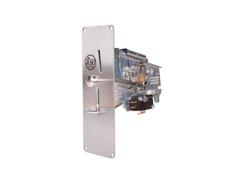 ATTAS Schalter Mechanischer Münzprüfer W6000 (für verschiedene Münztypen (je nach Auswahl), Einbaumaße 79 x 116mm), Frontplatte aus Edelstahl 150 x 50mm von ATTAS