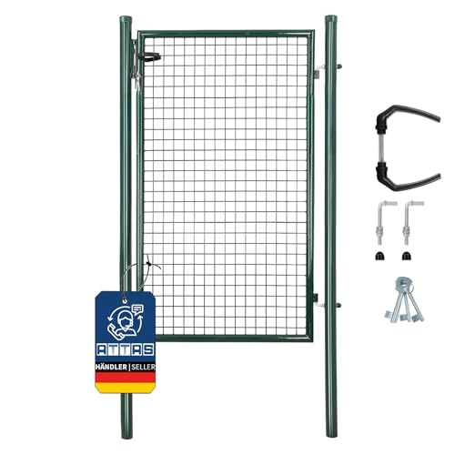 ATTAS Gartentor, Gartentür, verzinkter Stahl, 150x100 cm, Rundrohr, Zauntür-Komlpettset mit Maschendrahtzaun, Zauntor, Metall Moosgrün, Wetterfest & Abschließbar, Zauntür für den Garten Hoftor von ATTAS