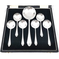 Cased Löffel Set, Dessert Löffel, Servierlöffel, Silber Platte, Radmuster, Israel S Greenberg, Art Deco, Elegante Besteck, Sechs Set von AToasttothePast