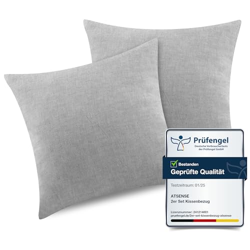 ATsense 2er Set Kissenbezug 40x40 cm - 100% Gewaschene Baumwolle, Grau Kopfkissenbezug mit Reißverschluss, Oeko-TEX Zertifiziert Weich, Nicht Lleicht Verformbar von ATsense