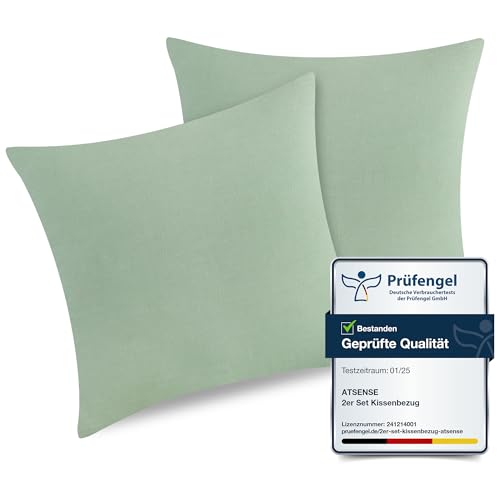 ATsense 2er Set Kissenbezug 40x40 cm - 100% Gewaschene Baumwolle, Mint Grün Kopfkissenbezug mit Reißverschluss, Oeko-TEX Zertifiziert Weich, Nicht Lleicht Verformbar von ATsense