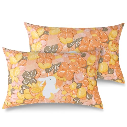 ATsense 2er Set Kissenbezug 40x80 cm - 100% Baumwolle, Kopfkissenbezug mit Reißverschluss, Superweicher Premium und Hypoallergen, ÖkoTex Super Bequemer Kissenhülle（Orange Blumenmuster） von ATsense