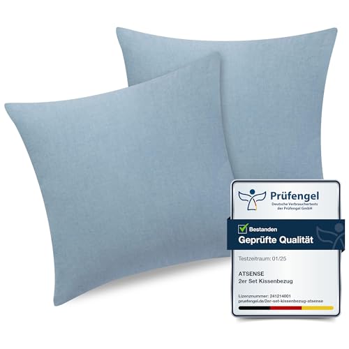 ATsense 2er Set Kissenbezug 50x50 cm - 100% Gewaschene Baumwolle, Hellblau Kopfkissenbezug mit Reißverschluss, Oeko-TEX Zertifiziert Weich, Nicht Lleicht Verformbar von ATsense