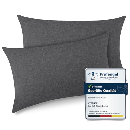 ATsense 2er Set Kissenbezug 50x80 cm - 100% Gewaschene Baumwolle, Dunkelgrau Kopfkissenbezug mit Reißverschluss, Oeko-TEX Zertifiziert Weich, Nicht Lleicht Verformbar von ATsense