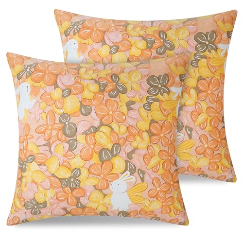 ATsense 2er Set Kissenbezug 80x80 cm - 100% Baumwolle, Kopfkissenbezug mit Reißverschluss, Superweicher Premium und Hypoallergen, ÖkoTex Super Bequemer Kissenhülle（Orange Blumenmuster） von ATsense