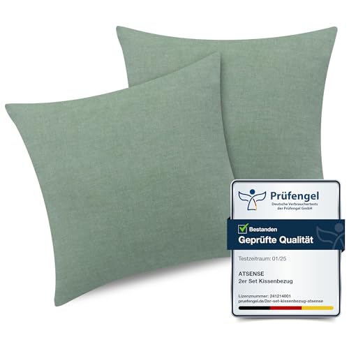 ATsense 2er Set Kissenbezug 80x80 cm - 100% Gewaschene Baumwolle, Einfarbig Grün Kopfkissenbezug mit Reißverschluss, Oeko-TEX Zertifiziert Weich, Nicht Lleicht Verformbar von ATsense