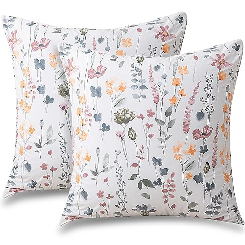 ATsense Kissenbezug 40 x 40 cm, 2 Stück - 2er Set 100% Baumwolle, Bunt Pflanzen Blumen Muster Kopfkissenbezug mit Reißverschluss, ÖkoTex Zertifiziert Super Weicher und Bequemer Kissenhülle von ATsense