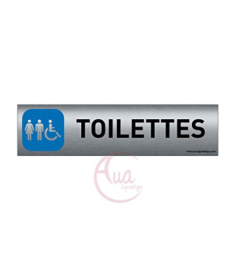 AUA SIGNALETIQUE - Plaque de porte Aluminium brossé imprimé AluSign - 200x50 mm - Double Face adhésif au dos - Impression UV directement sur l'aluminium (Pas de contre collage) (Toilettes mixtes) von AUA SIGNALETIQUE