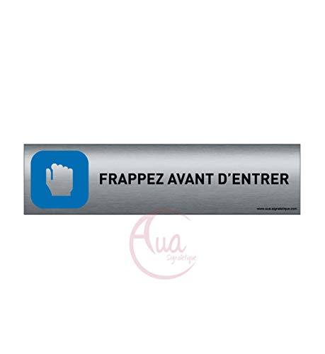 Plaque de porte aluminium brossé imprimé -Dimensions 200 x 50 mm - Double face adhésif au dos - Impression UV directement sur l'aluminium (Pas de contre collage) (Frappez avant entrer) von AUA SIGNALETIQUE