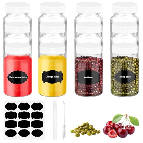AUAUY 12 Stück 60ml Glas Saft Flaschen mit Deckel und Etiketten, Ingwer Shot Flaschen zum Befüllen, Wiederverwendbares Auslaufsicher Kleines Klares Glas für Saft Wellness Shot Gewürze Probe Reise von AUAUY