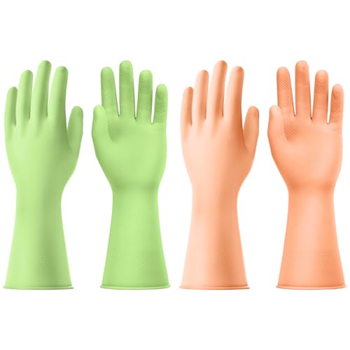 AUAUY 2 Paar Wiederverwendbare Haushaltshandschuhe, Hautsympathische Handschuhe mit Baumwollfutter, Wasserdicht Gummihandschuhe für Küchenarbeit, Haushaltsreinigung und Geschirrspülung (Grün+Orange-L) AUAUY 2 Paar Wiederverwendbare Haushaltshandschuhe, Hautsympathische Handschuhe mit Baumwollfutter, Wasserdicht Gummihandschuhe für Küchenarbeit, Haushaltsreinigung und Geschirrspülung (Grün+Orange-L) von AUAUY