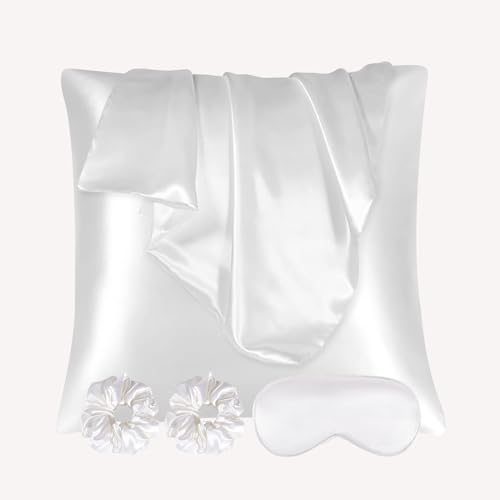 AUAUY 2er Set Satin Kissenbezug Kissenhülle 65x65cm,Weich wie Seidenkissenbezug,Bessere Pflege als Silk Pillosecase,Satin Kopfkissenbezug Kissenhülle für Haar und Haut mit Augenmaske 2 Haargummis-Weiß von AUAUY