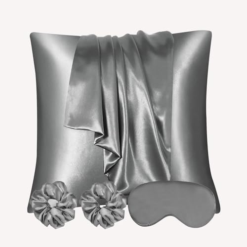 AUAUY 2er Set Satin Kissenbezug Kissenhülle 65x65cm,Weich wie Seidenkissenbezug,Bessere Pflege als Silk Pillosecase,Satin Kopfkissenbezug Kissenhülle für Haar und Haut mit Augenmaske 2 Haargummis-Grau von AUAUY