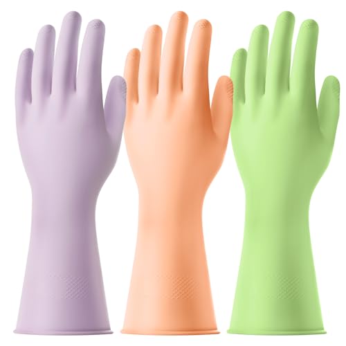 AUAUY 3 Paar Wiederverwendbare Haushaltshandschuhe, Hautsympathische Handschuhe mit Baumwollfutter, Wasserdicht Gummihandschuhe für Küchenarbeit, Haushaltsreinigung Geschirrspülung(Grün+Orange+Lila-M) von AUAUY