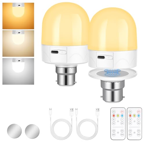 AUAUY B22 Wiederaufladbare Glühbirne mit Fernbedienung, 3W Akku-Glühbirne mit Abnehmbarem Magnetsockel, 3 Farbtemperaturen Dimmbar und Zeitgesteuert für Schlafzimmer, Camping(2 Pack) von AUAUY