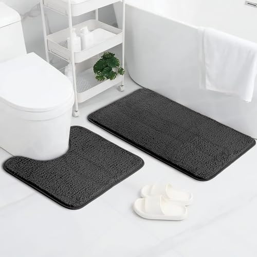 AUAUY Badematte 2er Set, Weicher Mikrofaser Badezimmerteppich, Rutschfest & Wasserabsorbierend Sockel Badematte und U-Form Bad Toilette Teppich, 50x80 cm Badteppich & 50x40 cm WC Vorleger (Dunkelgrau) von AUAUY