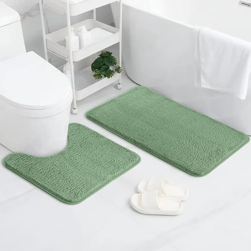 AUAUY Badematte 2er Set, Weicher Mikrofaser Badezimmerteppich, rutschfest & Wasserabsorbierend Sockel Badematte und U-Form Bad Toilette Teppich, 50x80 cm Badteppich & 50x40 cm WC Vorleger (Grün) von AUAUY