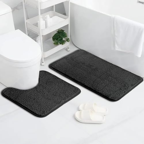AUAUY Badematte 2er Set, Weicher Mikrofaser Badezimmerteppich, rutschfest & Wasserabsorbierend Sockel Badematte und U-Form Bad Toilette Teppich, 50x80 cm Badteppich & 50x40 cm WC Vorleger (Schwarz) von AUAUY