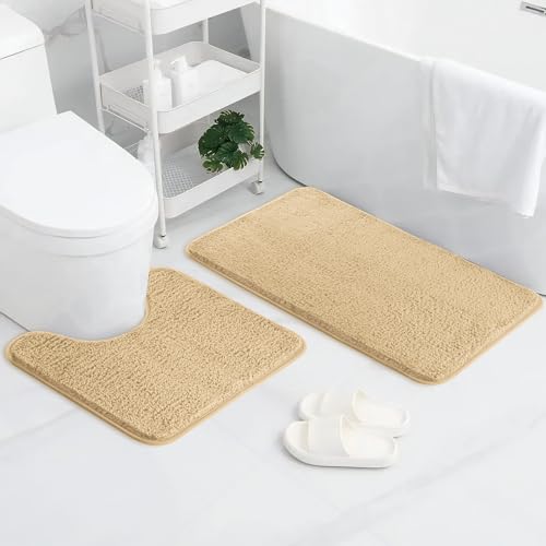 AUAUY Badematte 2er Set, Weicher Mikrofaser Badezimmerteppich, rutschfest & Wasserabsorbierend Sockel Badematte und U-Form Bad Toilette Teppich, 50x80 cm Badteppich & 50x40 cm WC Vorleger (Gelb) von AUAUY