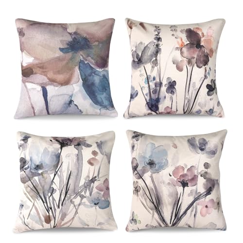 AUAUY Blumen Kissenbezug 40x40 4er Set, Kissenhülle Leinen Sofakissen Moderne Abstrakte Blumen Aquarellmalerei Dekokissen für Sofa Schlafzimmer Couch Outdoor Bauernhaus Kissenbezüge von AUAUY