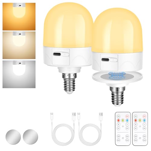 AUAUY E14 Wiederaufladbare Glühbirne mit Fernbedienung, 3W Akku-Glühbirne mit Abnehmbarem Magnetsockel, 3 Farbtemperaturen Dimmbar und Zeitgesteuert für Schlafzimmer, Camping(2 Pack) von AUAUY
