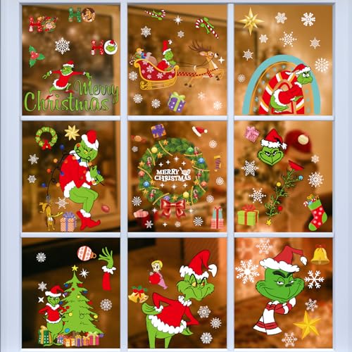 AUAUY Grinch Weihnachtsaufkleber, 8 Blätter 116PCS Grinch Fensteraufkleber, Wiederverwendbar PVC Doppelseitiger Aufkleber, Fenster Silhouette, Weihnachtsaufkleber für Zuhause Schule Party Fensterdeko von AUAUY