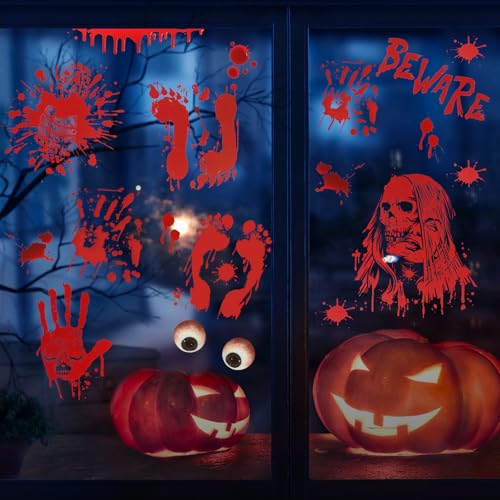 AUAUY Halloween Blutige Fensteraufkleber, 9 Blätter Halloween Bloody Handprints Fußabdrücke Aufkleber Horror PVC Aufkleber Bloody Handprint Decals Bloodstains Fenster Decals Bodenaufkleber Clings von AUAUY