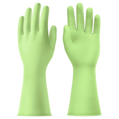 AUAUY Wiederverwendbare Haushaltshandschuhe, Hautsympathische Handschuhe mit Baumwollfutter, Wasserdicht Gummihandschuhe für Küchenarbeit, Haushaltsreinigung und Geschirrspülung (Grün-L) von AUAUY