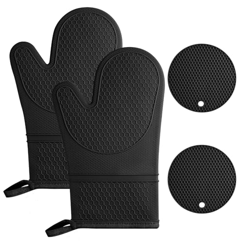 AUAUY Ofenhandschuhe Set, 1 Paar Silikon Ofenhandschuhe mit 2 Topflappen, Anti-Rutsch Kochhandschuhe, Hitzebeständige Topfhandschuhe, Backofen Handschuhe für Küche Kochen Backen Grillen BBQ von AUAUY