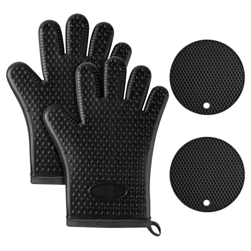 AUAUY Ofenhandschuhe Set, 1 Paar Silikon Ofenhandschuhe mit 2 Topflappen, Anti-Rutsch Kochhandschuhe, Hitzebeständige Topfhandschuhe, Backofen Handschuhe für Küche Kochen Backen Grillen BBQ von AUAUY